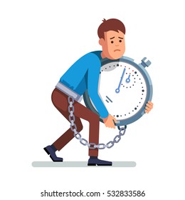 Young depressed and sad man chained to a big stopwatch timer. Holding huge clock in arms.  Modern flat style concept vector illustration isolated on white background.