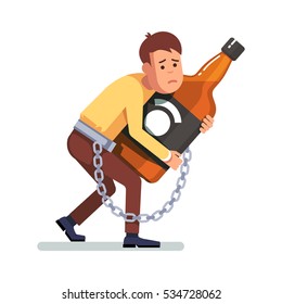 Young depressed and sad man chained and shackled to a big bottle of whiskey drink. Alcoholic addicted to alcohol hugging booze in arms. Flat style concept vector illustration isolated on white.