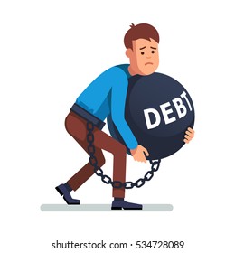 Young Depressed And Sad Man Chained And Shackled To A Big Debt Weight. Holding And Dragging Heavy Ball In Arms. Modern Flat Style Concept Vector Illustration Isolated On White Background.