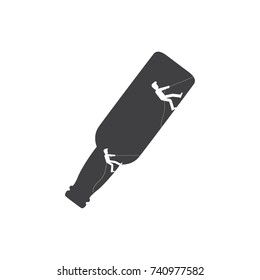 Young depressed and sad man chained and shackled to a big bottle of whiskey drink. Alcoholic addicted to alcohol hugging booze in arms. Flat style concept vector illustration isolated on white.