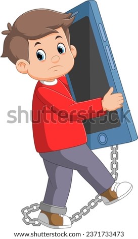 Young depressed and sad man chained and shackled to a big mobile smart phone of illustration