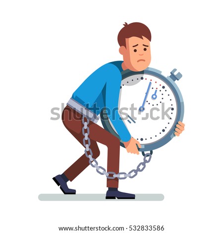 Young depressed and sad man chained to a big stopwatch timer. Holding huge clock in arms.  Modern flat style concept vector illustration isolated on white background.