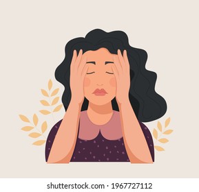 Young Depressed Woman
cover her face with hands. Female character in depression, sorrow, sadness. Vector illustration.