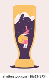 Young depressed woman drowning into beer glass. Concept illustration about alcoholism and heavy drinking