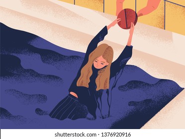 Young depressed woman drowning in pool and holding on to large pill. Concept of antidepressant saving girl from depression, medication treating illness or disorder. Modern flat vector illustration.