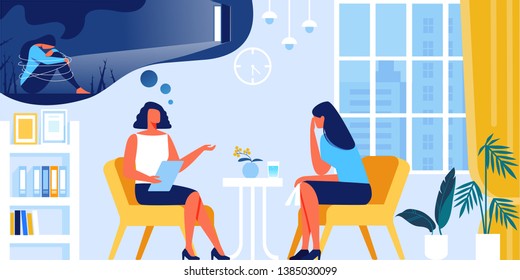 Young Depressed Woman at Psychologist Appointment. Private Meeting with Client in Recreational Room. Doctor, Specialist Talking with Patient about Mind Health Problem. Cartoon Flat Vector Illustration