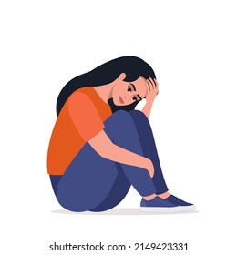 Young depressed woman sitting alone, hugging her knees. Concept of depression, mental health, psychology problem, abuse and harassment. Vector illustration