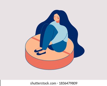 Young depressed woman is sitting on the large pill. Concept of antidepressants are saving girl from depression and about pills effect on females mood and health. Flat cartoon vector illustration.