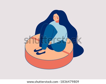 Young depressed woman is sitting on the large pill. Concept of antidepressants are saving girl from depression and about pills effect on females mood and health. Flat cartoon vector illustration.