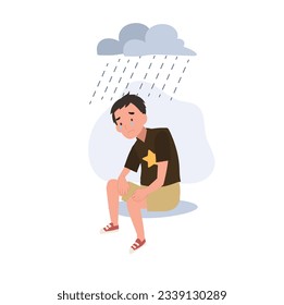 Konzept der jungen Depression und der Einsamkeit.  Moody Porträt eines depressiven jungen Kindes. Flache Vektorgrafik