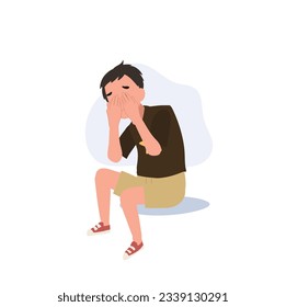 Concepto de depresión juvenil y soledad.  Retrato mortífero de un niño deprimido. Ilustración de dibujos animados de vector plano