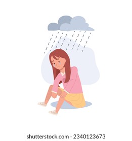 Young Depression and Solitude concept.  Moody Portrait of a Depressed Young Child. Flat vector cartoon illustration