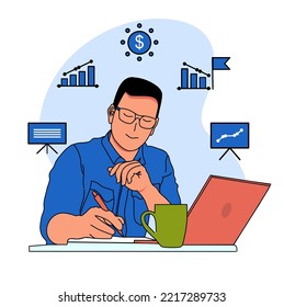 young design pose illustration smiling successful freelance businessman working from home office on laptop computer notebook and smartphone