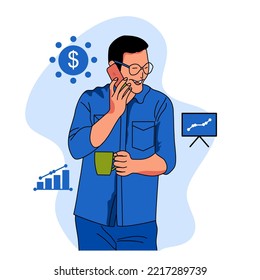 young design pose illustration smiling successful freelance businessman working from home office on laptop computer notebook and smartphone