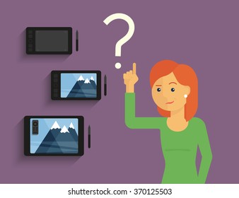 Young designer choosing between pen tablets what is better for her work. Flat illustration of professional tool for drawing and digital art