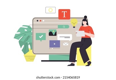 Young designer doing presentation. Working on a new project flat vector illustration. Web designer prototyping new website, landing page or mobile application
