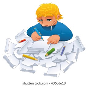 Young designer. Funny cartoon and vector character.