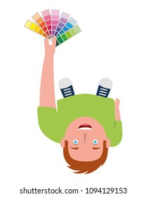 young designer man standing holding palette color top view