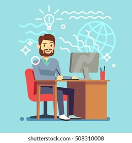 Young designer man working at computer. vector creative process concept. Workplace of freelancer or employee illustration