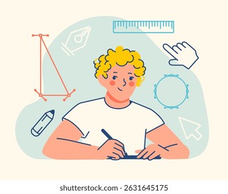 Young designer surrounded by graphic tools. Flat style vector illustration. Design learning or creation concept