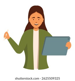 Young designer woman holding graphic tablet and stylus working on creative project