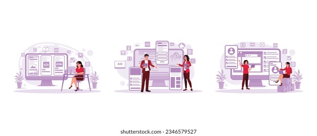 Young Designer Working on Desktop Computer, a young woman creating a custom design for mobile applications, Creative digital development agency. Set Trend Modern vector flat illustration