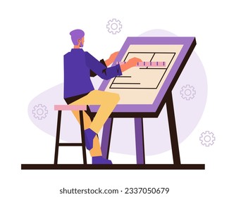 Joven diseñador trabajando en salón con proyecto. Planificación de la construcción de edificios. Arquitecto trabajando en el proyecto. Proceso de creación de proyecto de casa. Ilustración vectorial plana en colores púrpura