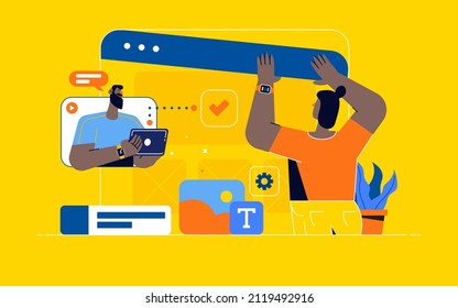 Young designers doing presentation or preparing a new project. Creative team of web designers prototyping a new web site, landing page or mobile application. Teamwork concept. Vector illustration