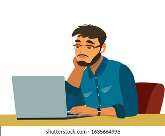 A young desperate businessman in his office is looking at a laptop. fatigue at work. Vector illustration.