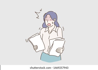 Junge verzweifelte und gestresste Geschäftsfrau, die überwältigt Papierkram und ängstliche Krise und Stress. Emotionale Business Lady schreien. Cartoon flach Design, einzelne Vektorgrafik.