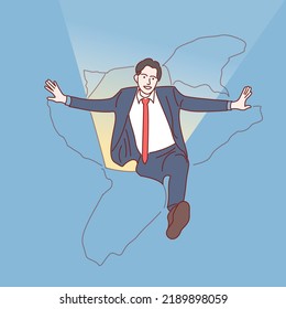 Young determined positive confident businessman running from torn paper achieving goals. Hand drawn style vector illustrations.