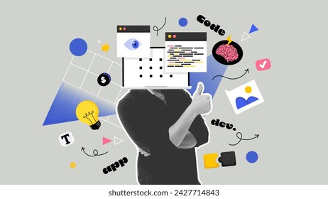 Young developer with a laptop instead of a head, art collage. Web design or coding creative concept. Vector illustration