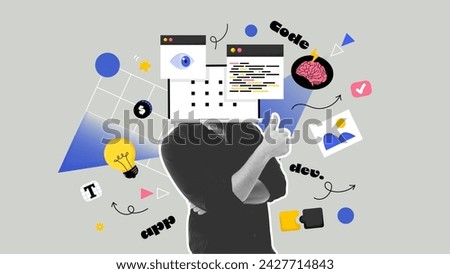 Young developer with a laptop instead of a head, art collage. Web design or coding creative concept. Vector illustration