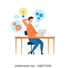 Young Developer, Programmer Working Flat Character. Man Brainstorming, Thinking, Searching Ideas, Solution. Web Designer Using Laptop Vector Illustration. Cartoon Light Bulb, Wheel Gears
