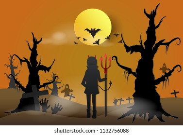 Young devil in dark forest with spooky and bat Halloween paper art background concept, paper cut style illustration