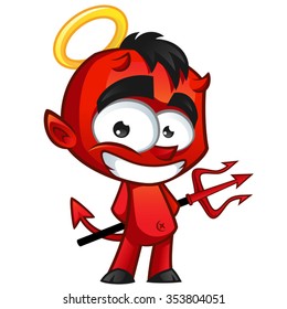 Young devil, has a trident in his hand and a halo on his head