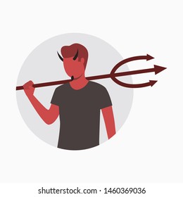 Young devil with trident on light gray round background. Halloween, cartoon characters, costume. Vector illustration for poster, leaflet, brochure