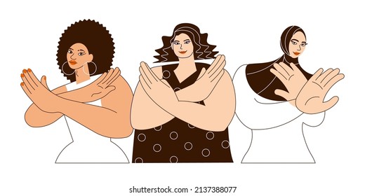 Young different nationalities women gesturing Break The Bias in support of International Women's Day. Beautiful girls character crosses her arms isolated. Flat Art Vector Illustration