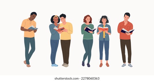 Jóvenes de diferentes mujeres y hombres en libro de lectura de altura completa aislados. Ilustración plana del vector