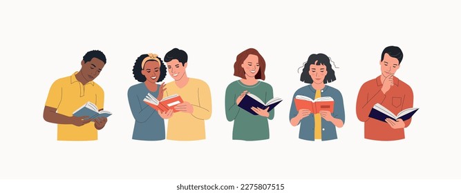 Young  different women and men reading book isolated. Vector flat illustration