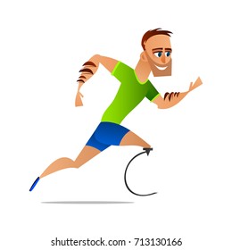 Young disable happy man athlete . Runner with a sports leg prosthesis . Vector illustration .