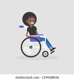 Young disabled black female character sitting in a wheelchair. Disability. Daily life. Flat editable vector illustration, clip art