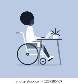 Young disabled black female character in a wheelchair working in the office. Workspace. Millennials at work. Flat editable vector illustration, clip art