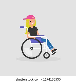 Young disabled female character sitting in a wheelchair. Disability. Daily life. Flat editable vector illustration, clip art