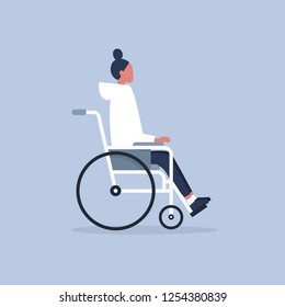 Young disabled female character sitting in a wheelchair. Disability. Daily life. Flat editable vector illustration, clip art