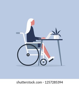 Young disabled female character in a wheelchair working in the office. Workspace. Millennials at work. Flat editable vector illustration, clip art