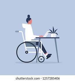 Young disabled female character in a wheelchair working in the office. Workspace. Millennials at work. Flat editable vector illustration, clip art