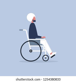 Young disabled indian character sitting in a wheelchair. Disability. Daily life. Flat editable vector illustration, clip art