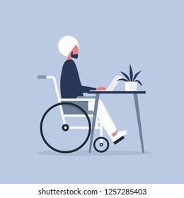 Young disabled indian male character in a wheelchair working in the office. Workspace. Millennials at work. Flat editable vector illustration, clip art