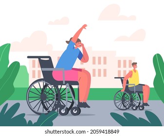 Young Disabled Kids Characters Sitting In Wheelchair Playing Basketball Or Racing. Disability, Paralyzed Handicapped Person Lifestyle, Rehabilitation, Spare Time. Cartoon People Vector Illustration